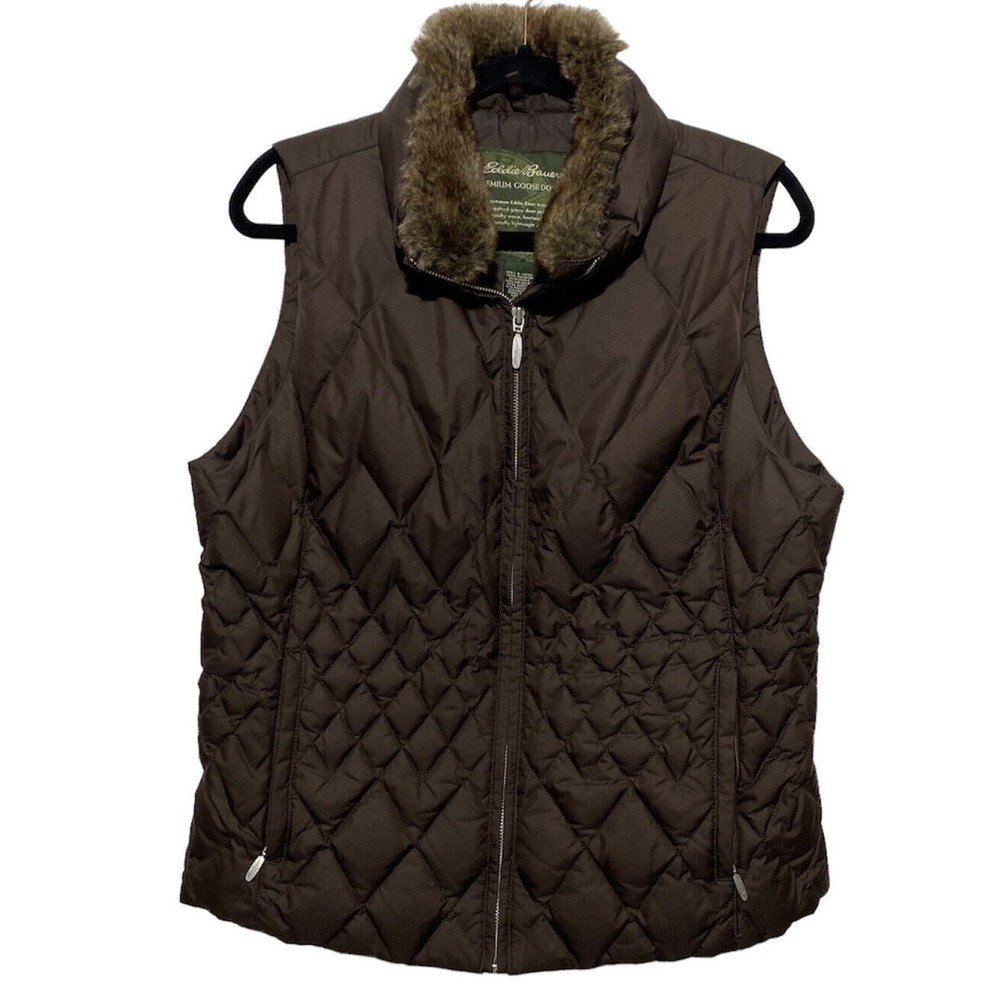 Eddie Bauer Vest Women Size Large Goose Down Puffer Jacket Faux Fur Collar Brown